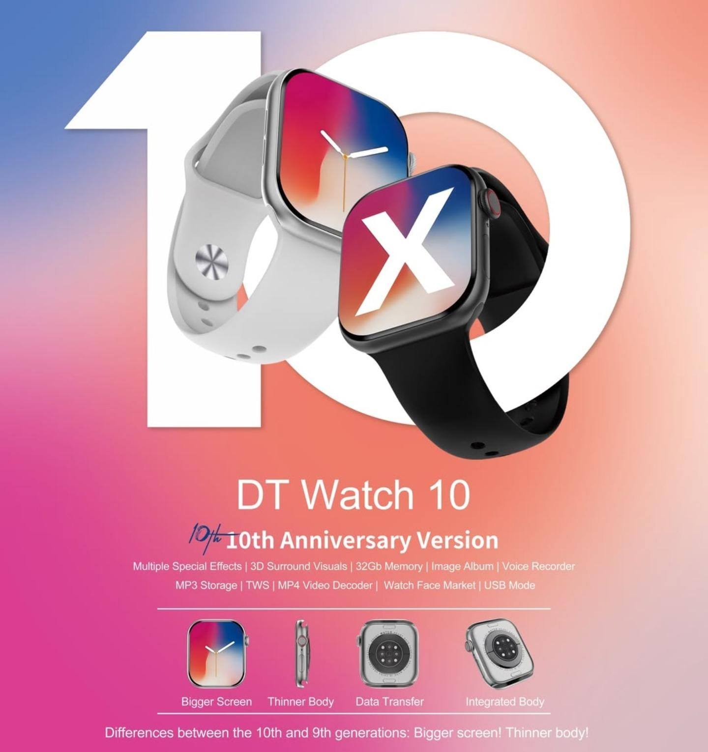 DT Watch X Series 10 Smart Watch With AMOLED Display, Photo Album, Video Player, 3D Animations, AirPods Connectivity & ChatGPT Integration - Newest Arrival 2024 - Smart Watch -
