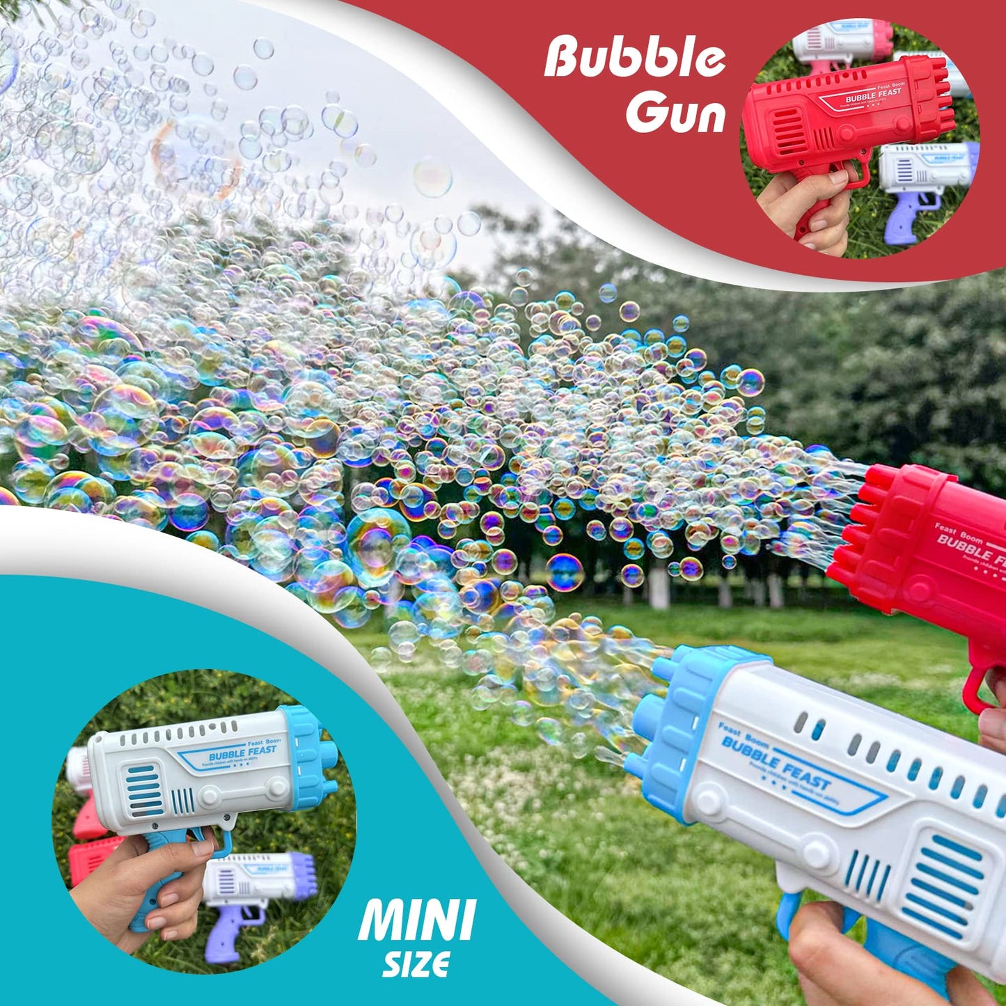 Bubble Machine Gun, 36 Holes Bazooka Gun Toy Blaster for Toddlers 3+ & Kids, Bubbles Blower Toys with Solution Outdoor, Party, Birthday, Wedding, Easter (Red Blue)
