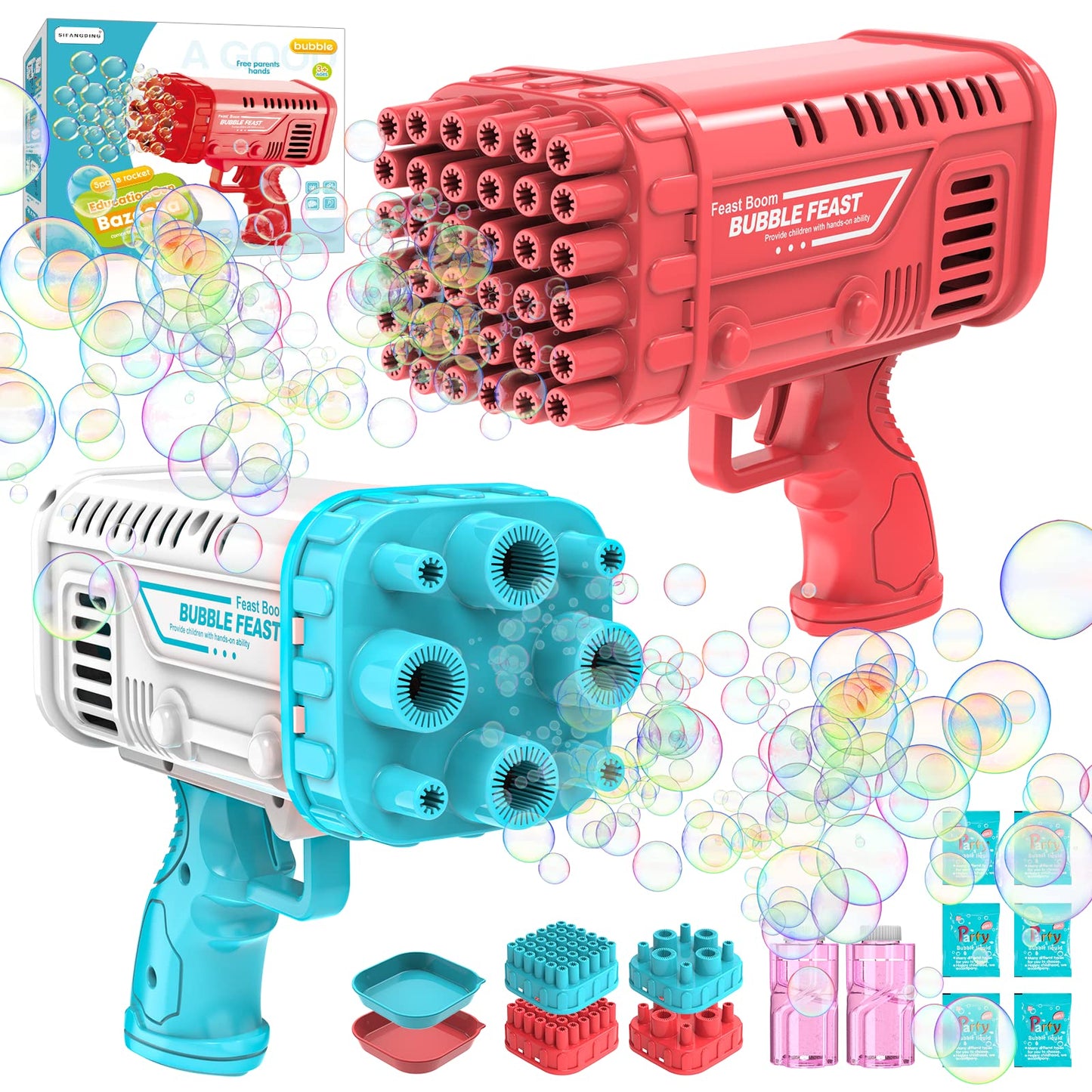 Bubble Machine Gun, 36 Holes Bazooka Gun Toy Blaster for Toddlers 3+ & Kids, Bubbles Blower Toys with Solution Outdoor, Party, Birthday, Wedding, Easter (Red Blue)